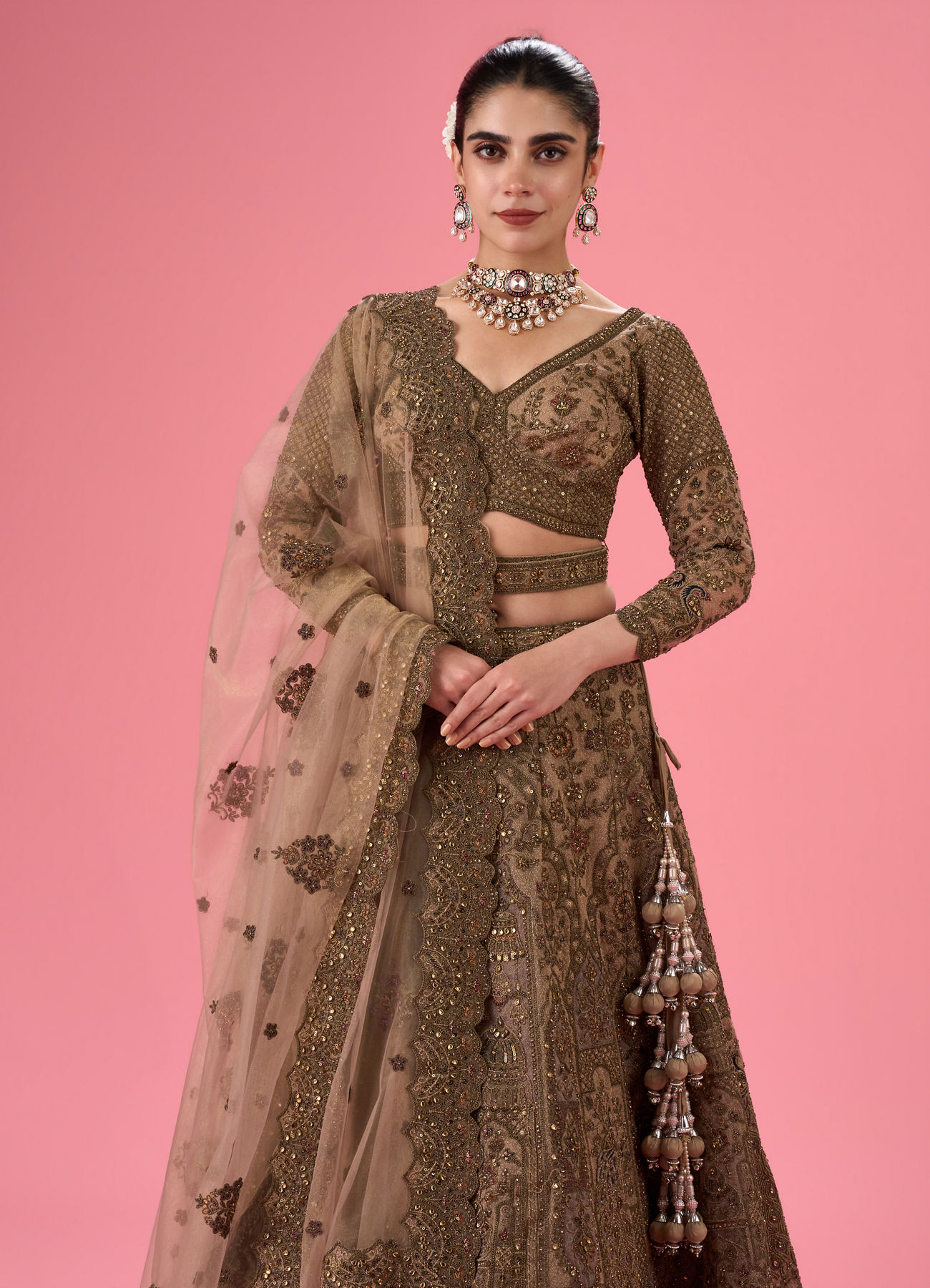 Mohey Women Elegant Fawn Bridal Lehenga