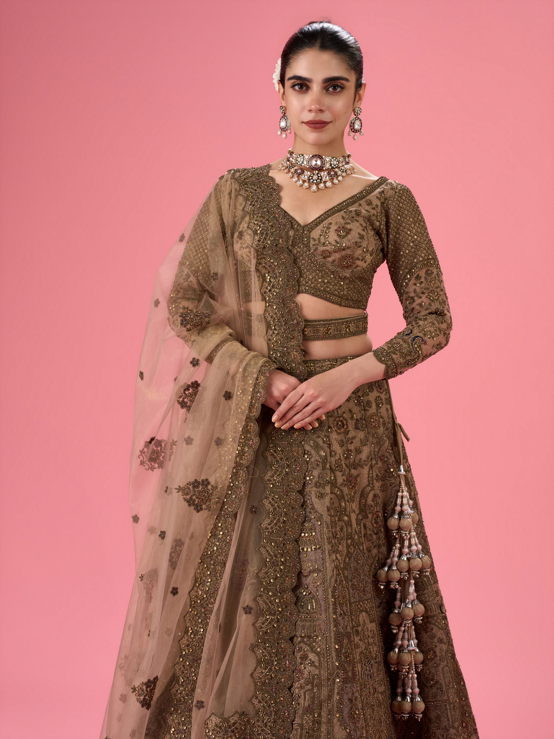 Mohey Women Elegant Fawn Bridal Lehenga