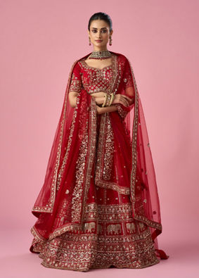 Mohey Women Red Art Silk Bridal Lehenga with Sequin Work