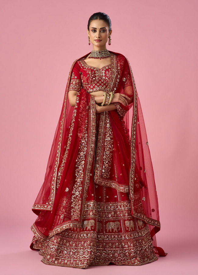 Mohey Women Red Art Silk Bridal Lehenga with Sequin Work