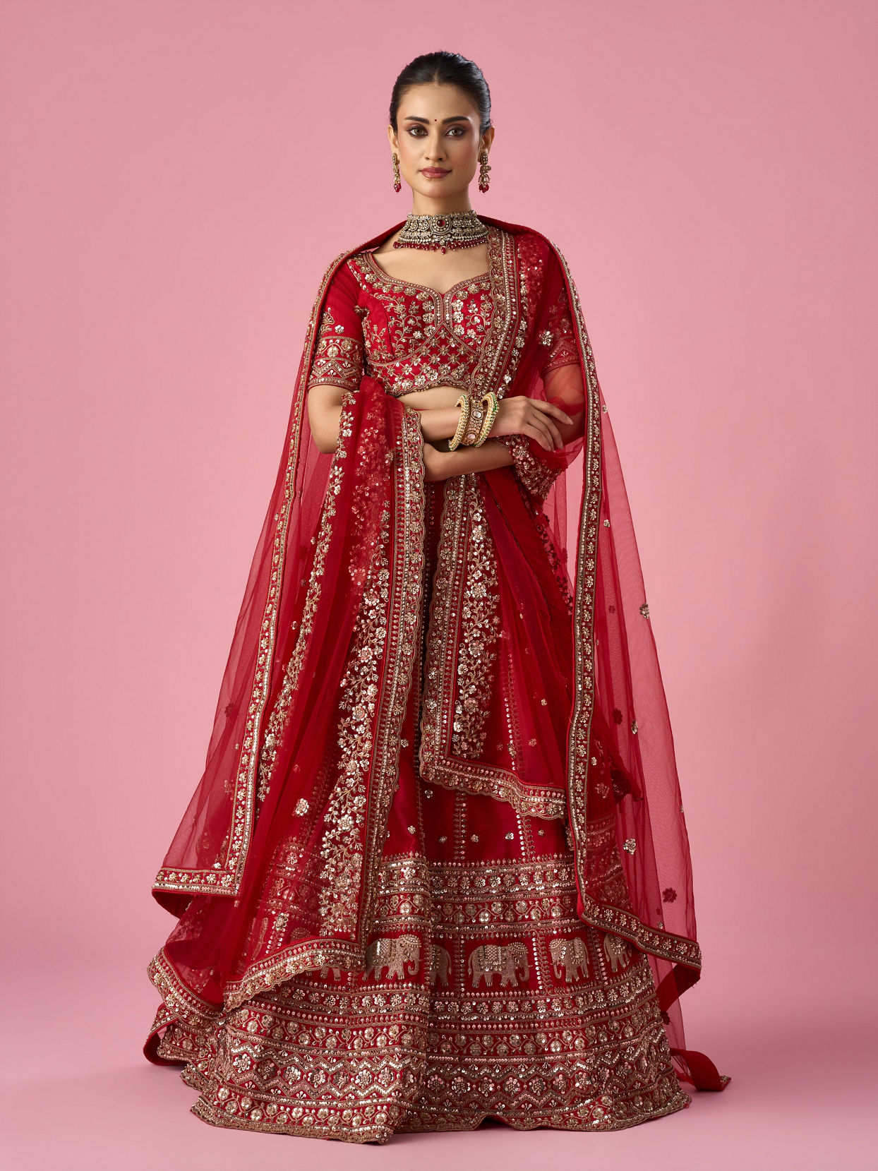 Mohey Women Red Art Silk Bridal Lehenga with Sequin Work