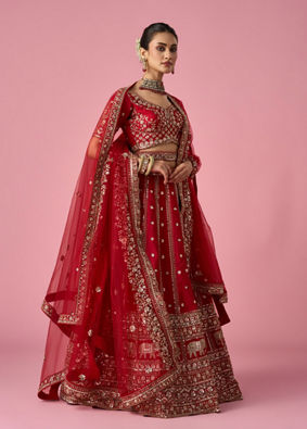 Mohey Women Red Art Silk Bridal Lehenga with Sequin Work