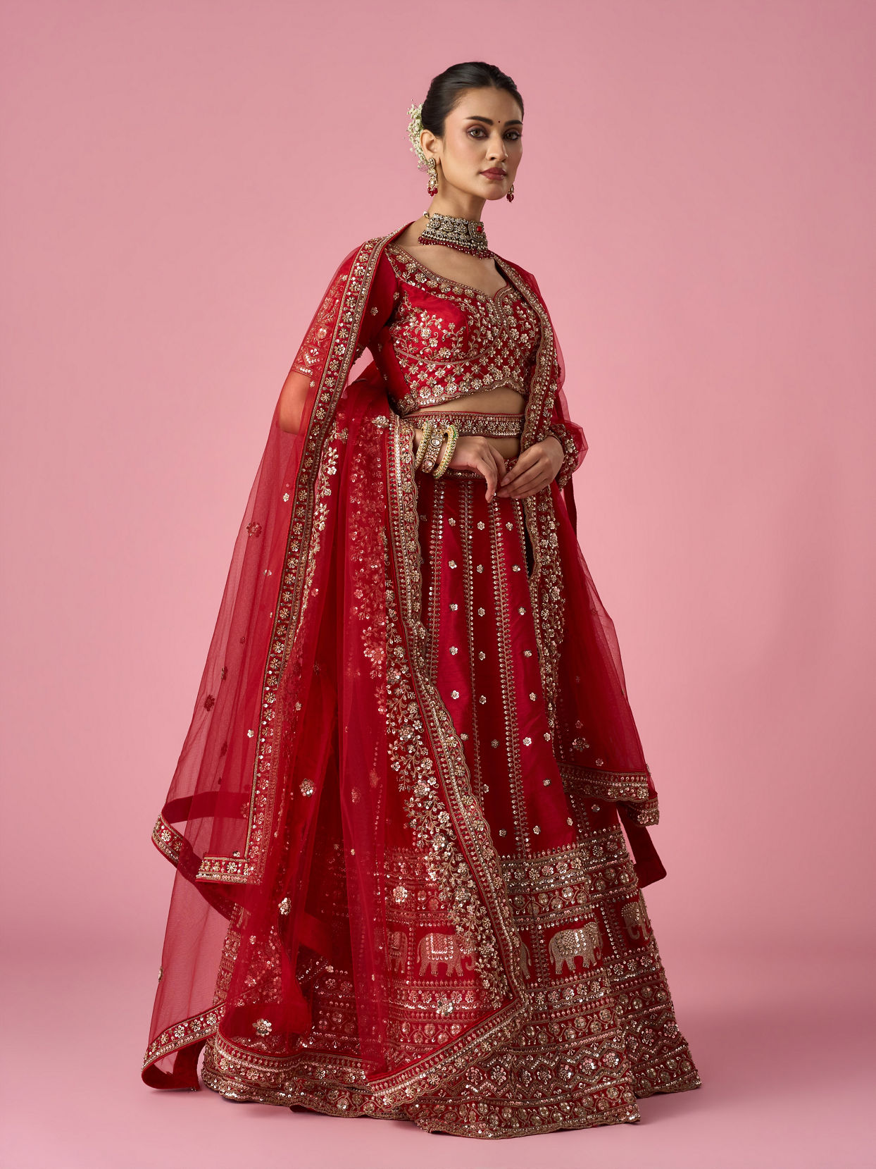 Mohey Women Red Art Silk Bridal Lehenga with Sequin Work