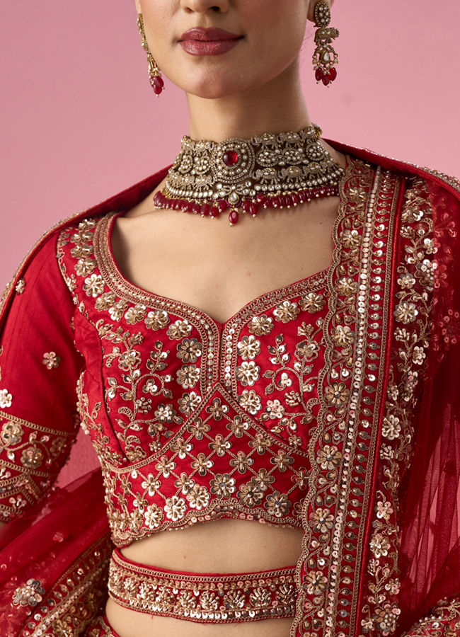 Mohey Women Red Art Silk Bridal Lehenga with Sequin Work
