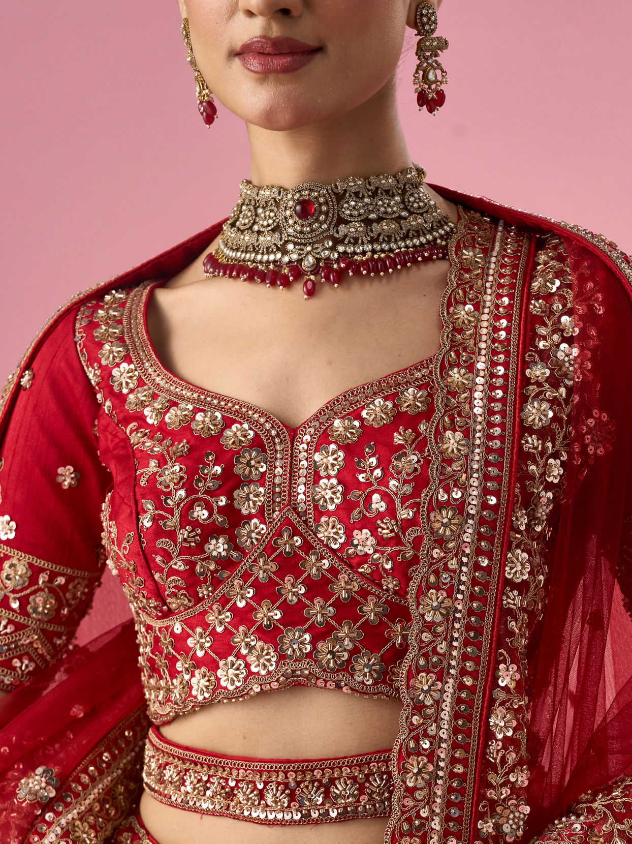 Mohey Women Red Art Silk Bridal Lehenga with Sequin Work