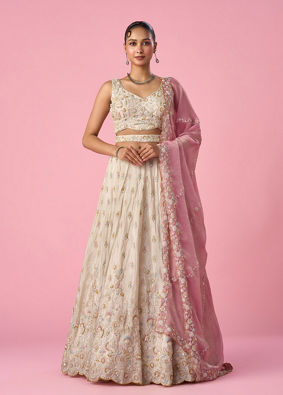 Mohey Women Cream Organza Lehenga with Moti Work