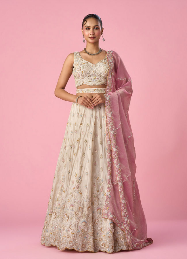 Mohey Women Cream Organza Lehenga with Moti Work