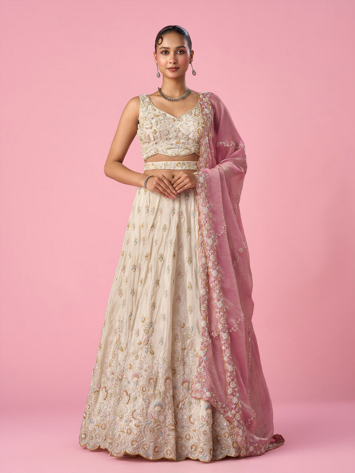 Mohey Women Cream Organza Lehenga with Moti Work