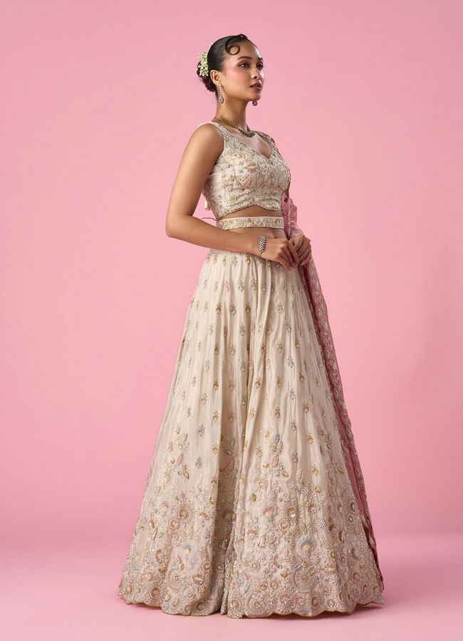 Mohey Women Cream Organza Lehenga with Moti Work
