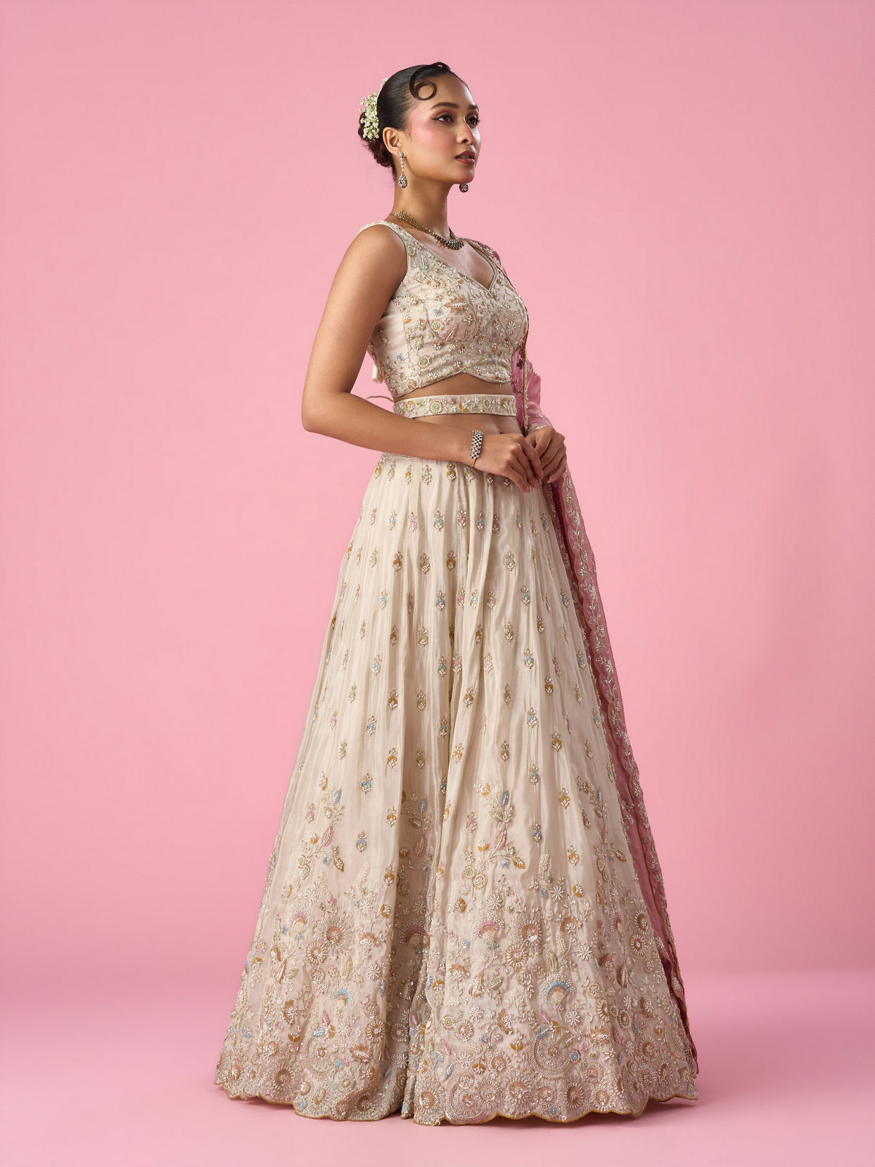 Mohey Women Cream Organza Lehenga with Moti Work