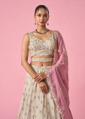 Mohey Women Cream Organza Lehenga with Moti Work