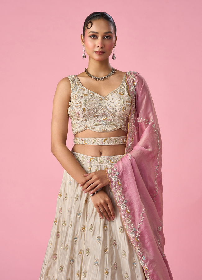 Mohey Women Cream Organza Lehenga with Moti Work