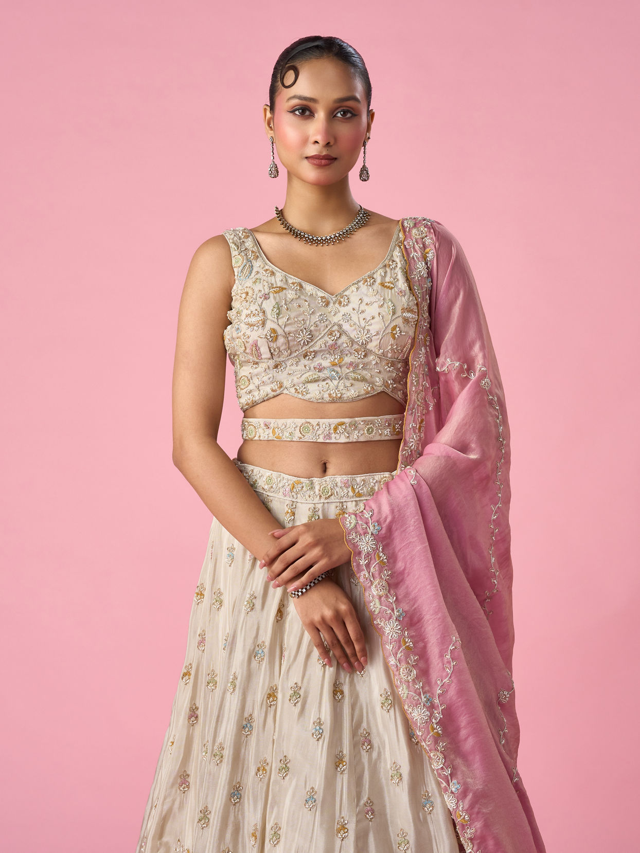 Mohey Women Cream Organza Lehenga with Moti Work