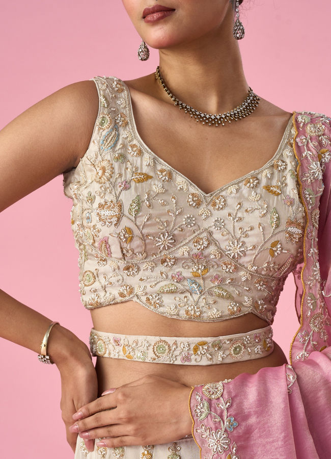 Mohey Women Cream Organza Lehenga with Moti Work