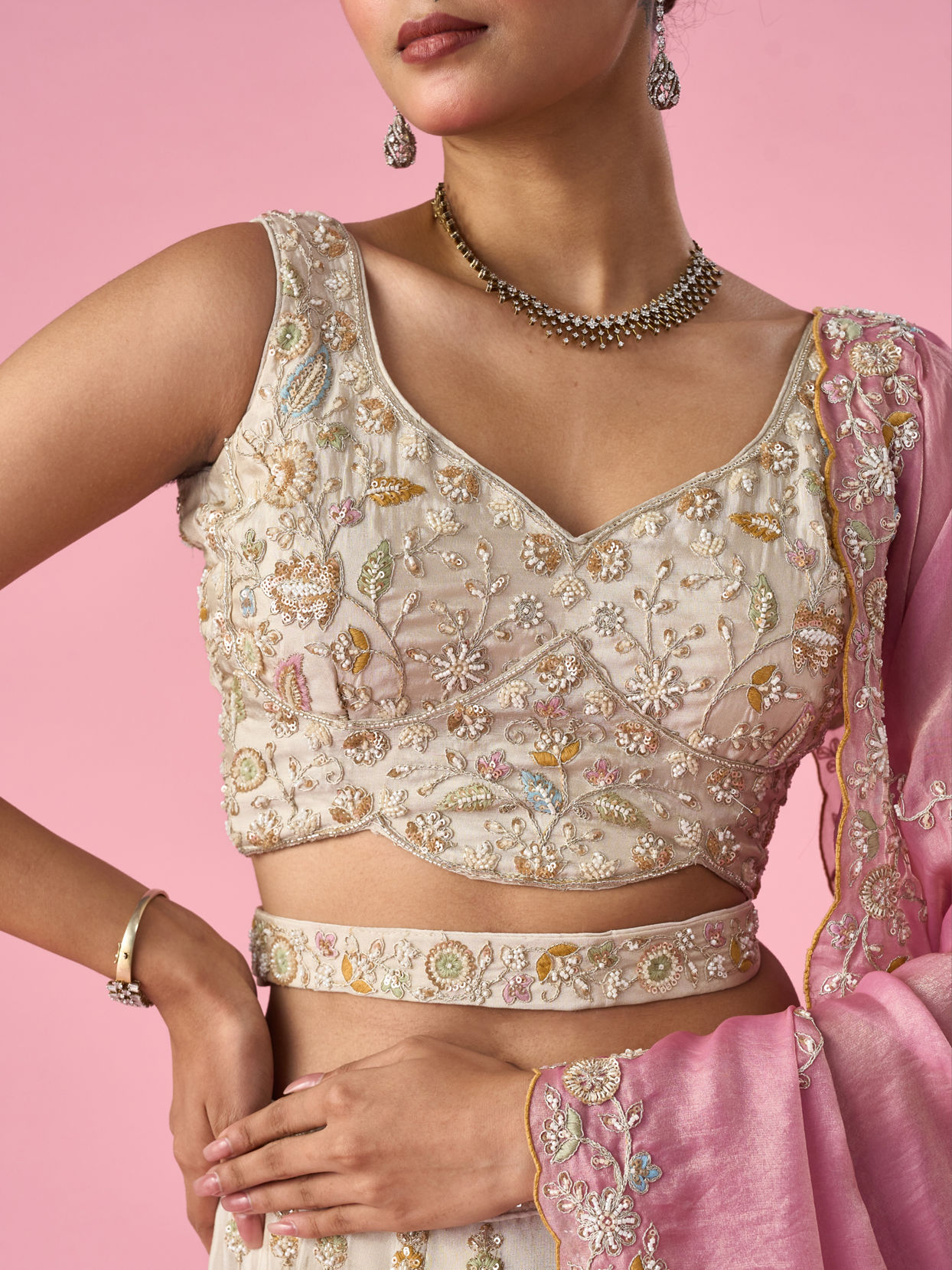 Mohey Women Cream Organza Lehenga with Moti Work