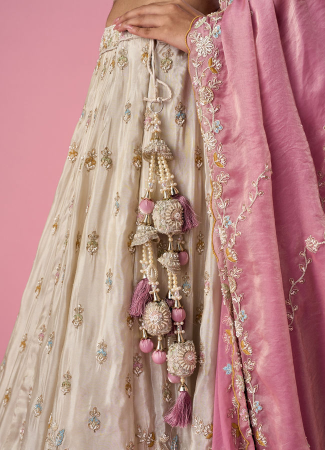 Mohey Women Cream Organza Lehenga with Moti Work