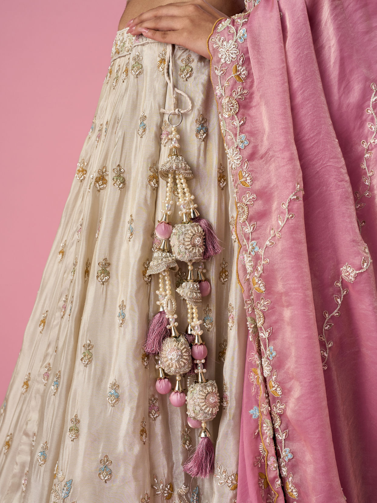 Mohey Women Cream Organza Lehenga with Moti Work