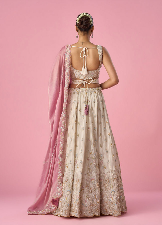 Mohey Women Cream Organza Lehenga with Moti Work