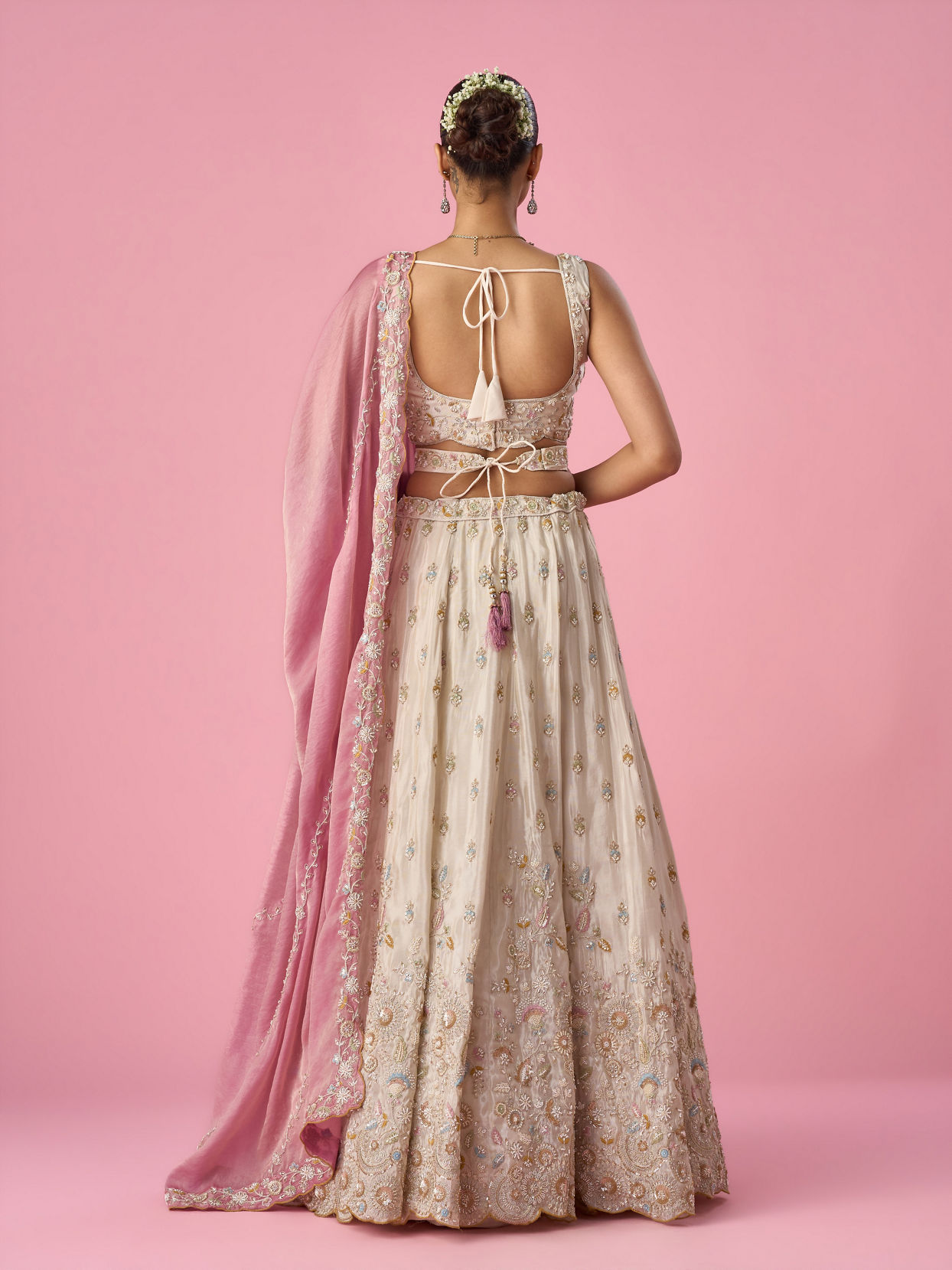 Mohey Women Cream Organza Lehenga with Moti Work