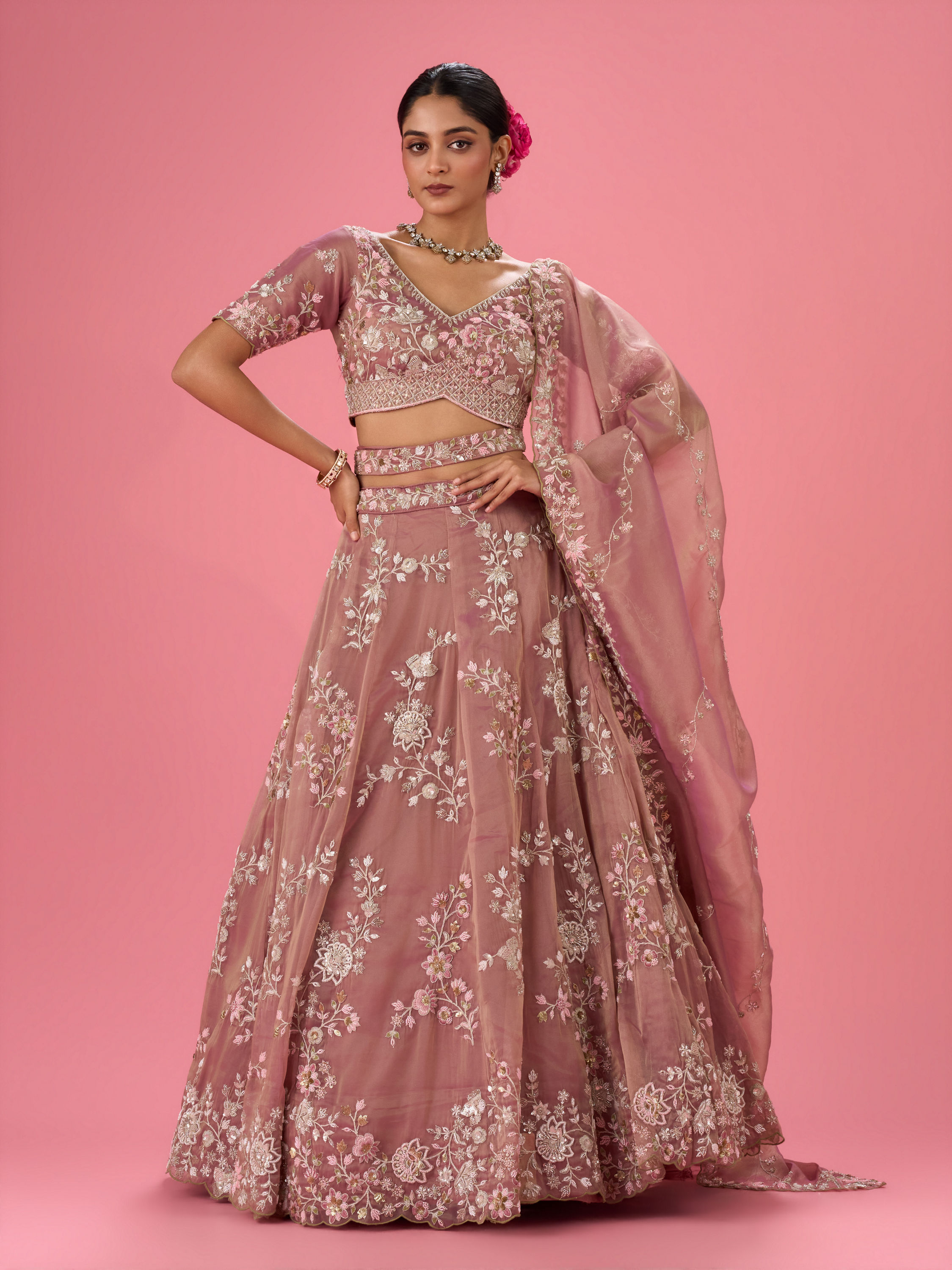 Mohey Women Lustrous Purple Organza Lehenga