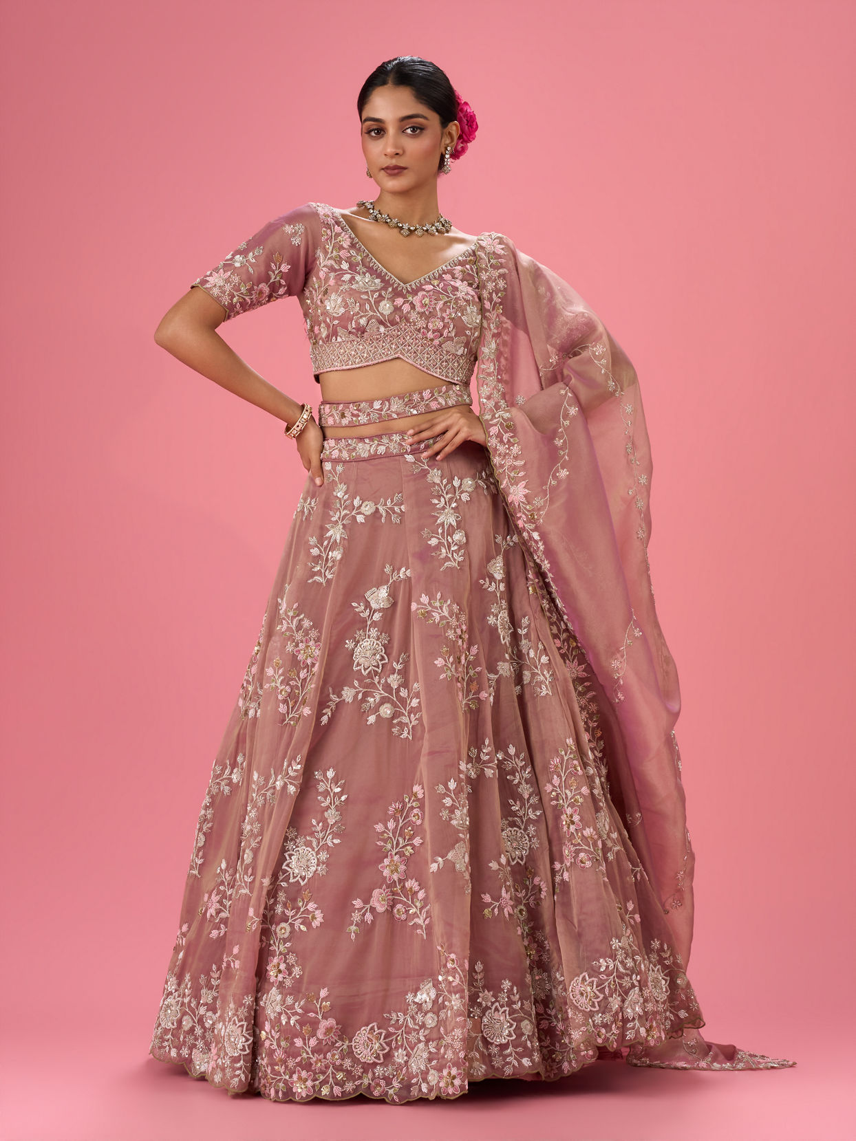 Mohey Women Lustrous Purple Organza Lehenga