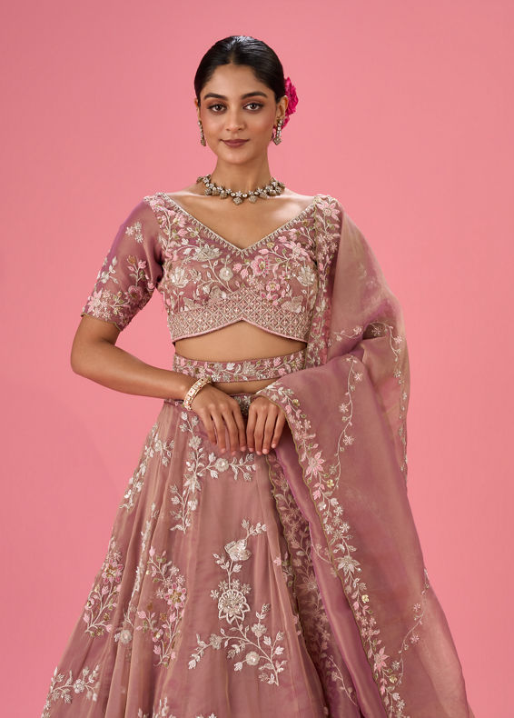 Mohey Women Lustrous Purple Organza Lehenga