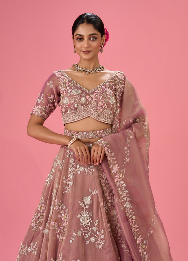 Mohey Women Lustrous Purple Organza Lehenga
