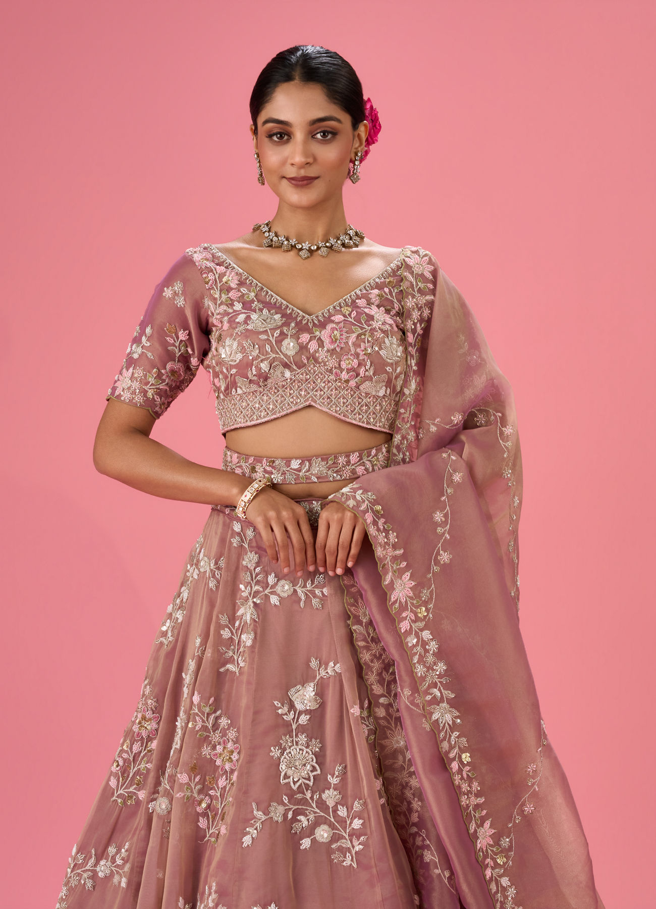 Mohey Women Lustrous Purple Organza Lehenga