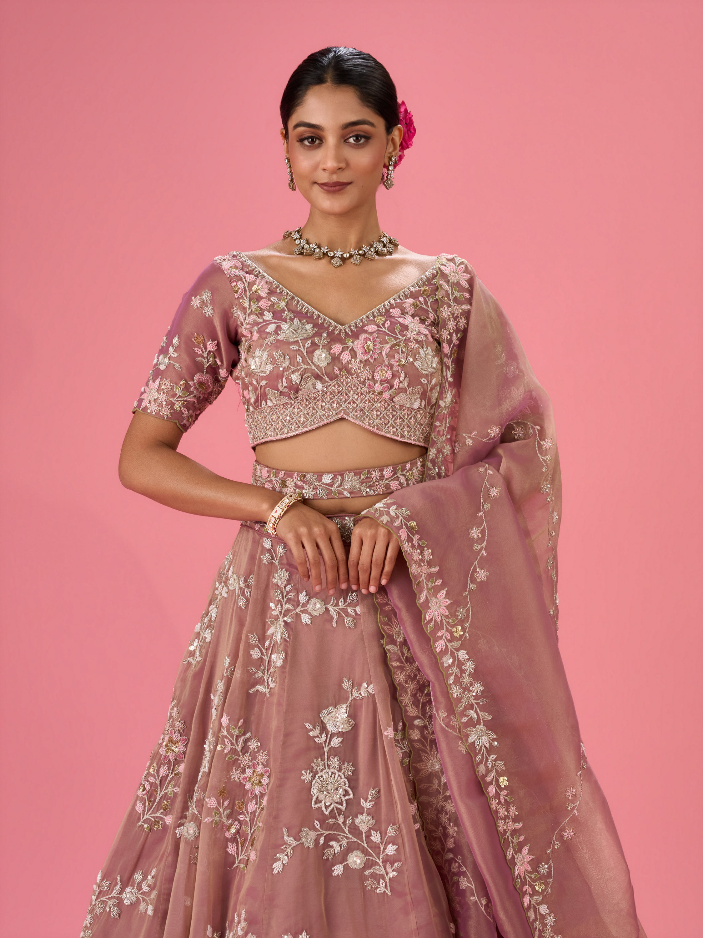 Mohey Women Lustrous Purple Organza Lehenga