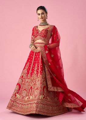 Mohey Women Red Art Silk Bridal Lehenga with Cutdana Work