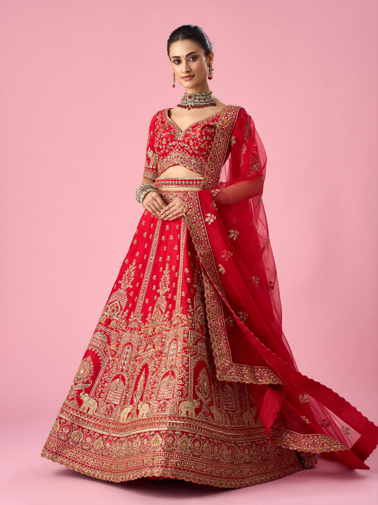 Mohey Women Red Art Silk Bridal Lehenga with Cutdana Work
