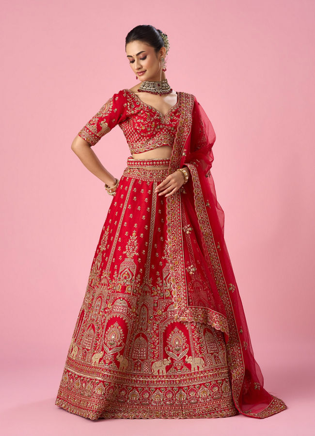 Mohey Women Red Art Silk Bridal Lehenga with Cutdana Work