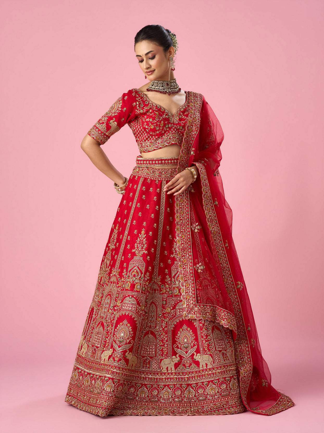 Mohey Women Red Art Silk Bridal Lehenga with Cutdana Work