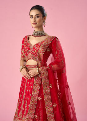 Mohey Women Red Art Silk Bridal Lehenga with Cutdana Work