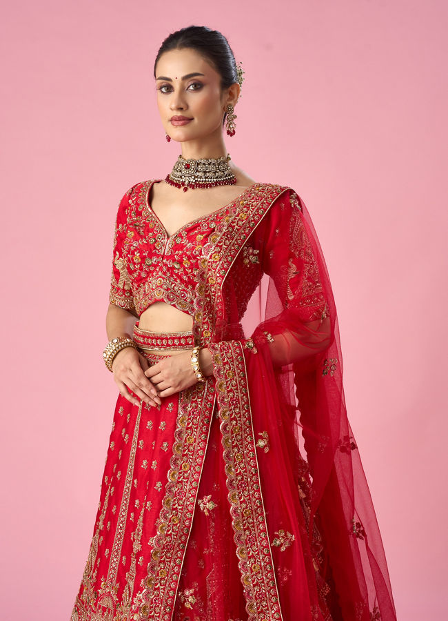Mohey Women Red Art Silk Bridal Lehenga with Cutdana Work