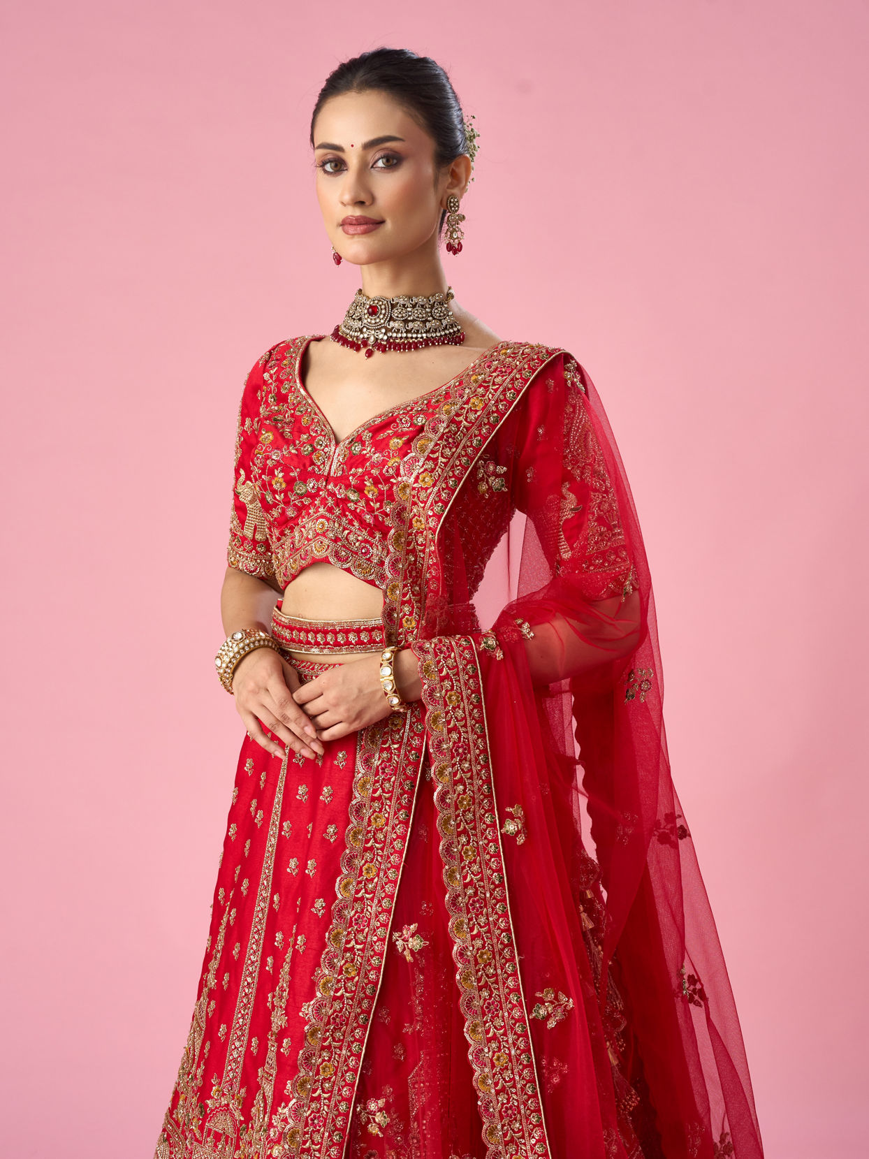 Mohey Women Red Art Silk Bridal Lehenga with Cutdana Work