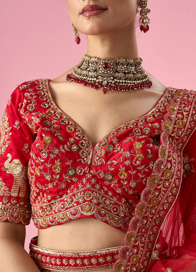 Mohey Women Red Art Silk Bridal Lehenga with Cutdana Work