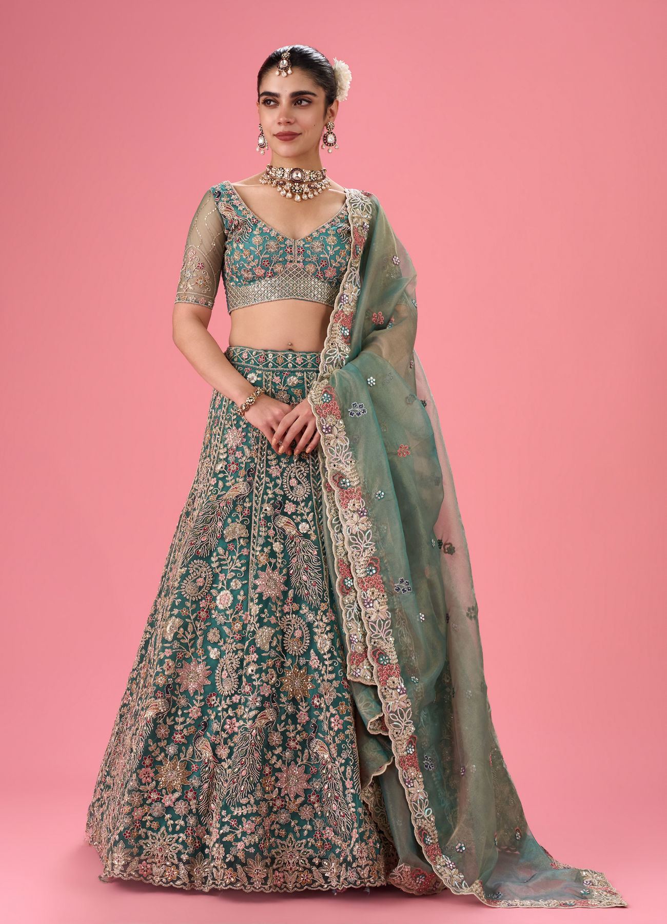 Mohey Women Exquisite Emerald Net Lehenga