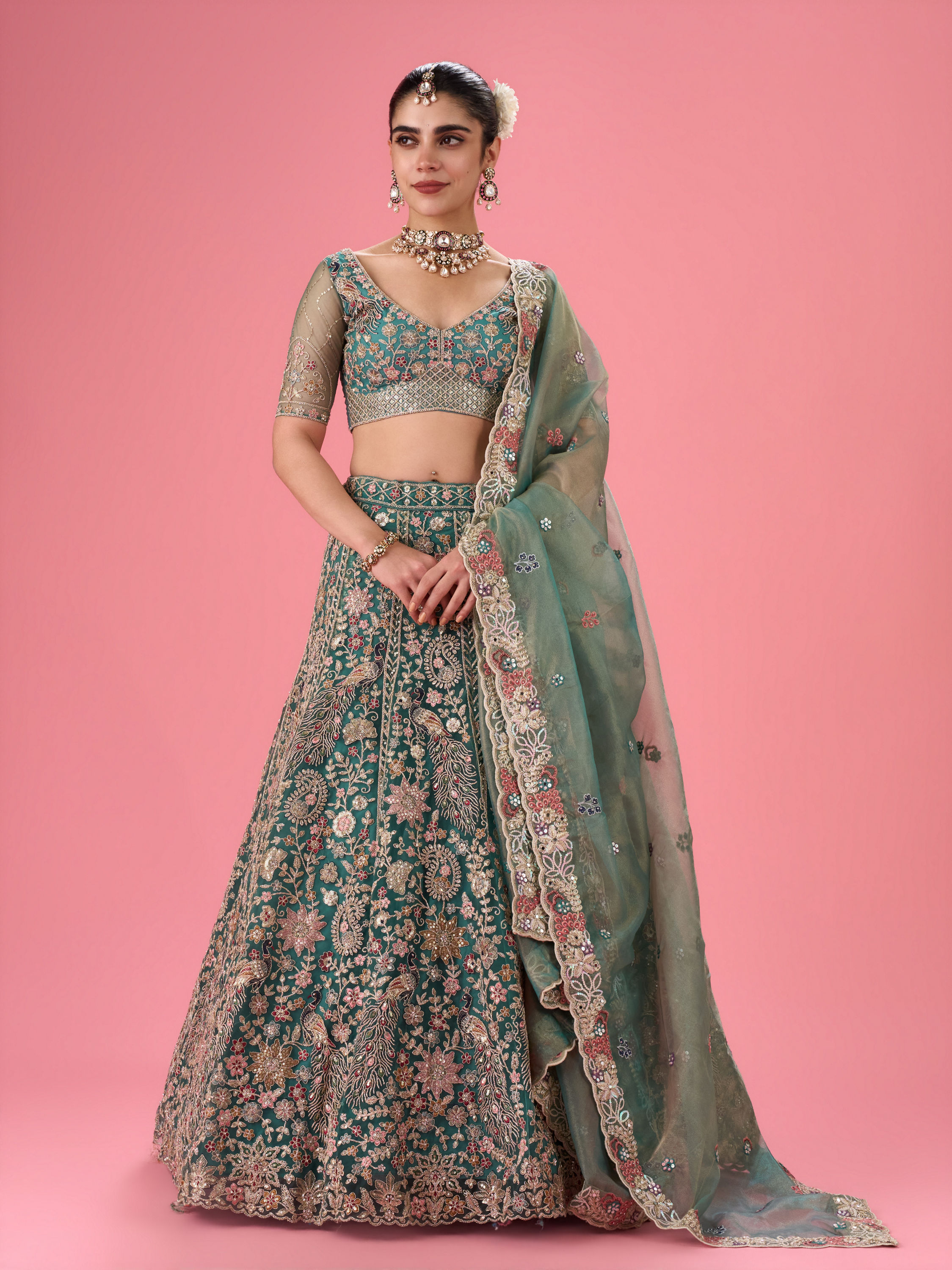 Mohey Women Exquisite Emerald Net Lehenga