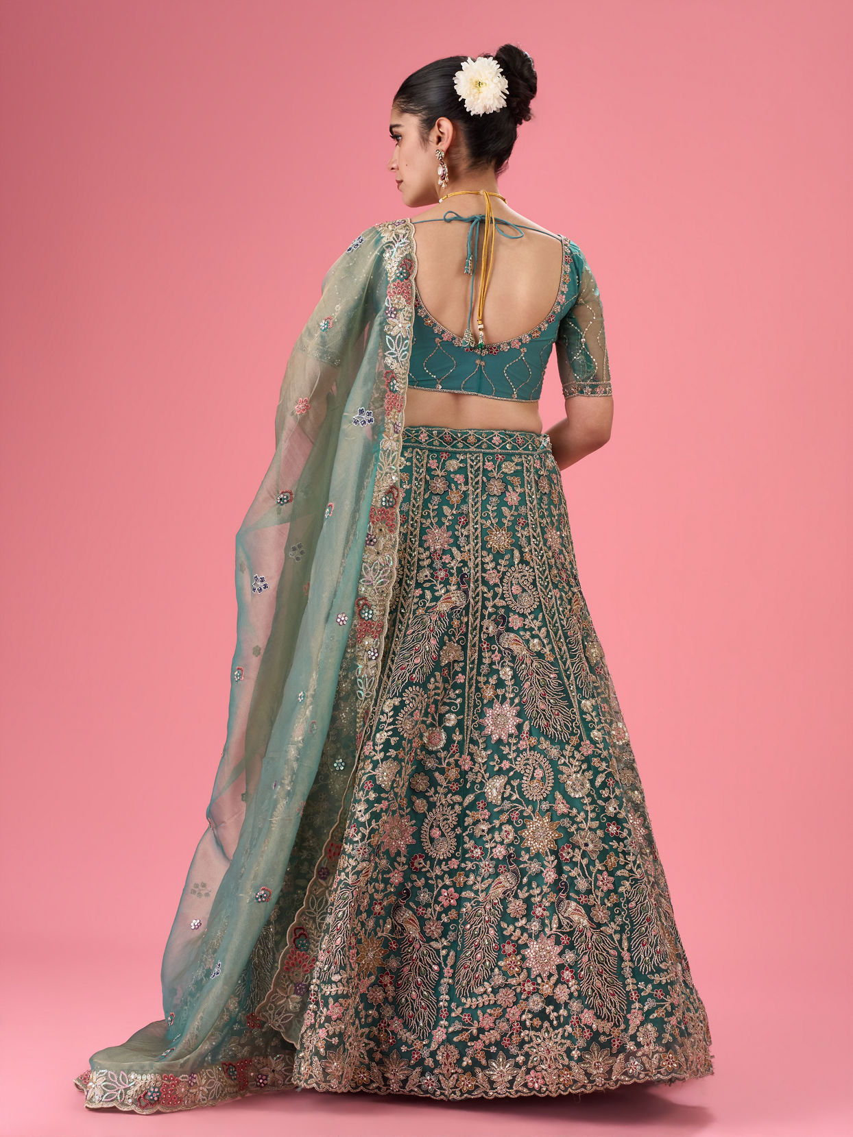 Mohey Women Exquisite Emerald Net Lehenga