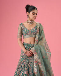 Mohey Women Exquisite Emerald Net Lehenga