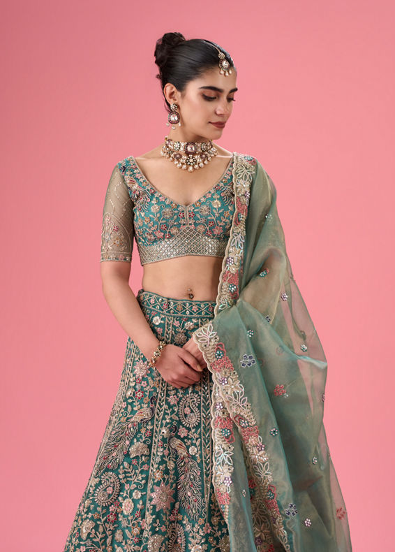 Mohey Women Exquisite Emerald Net Lehenga