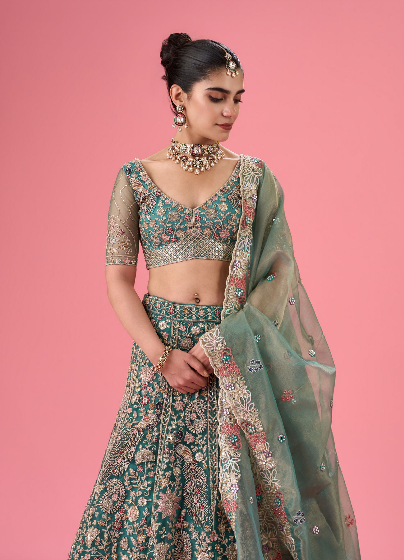 Mohey Women Exquisite Emerald Net Lehenga