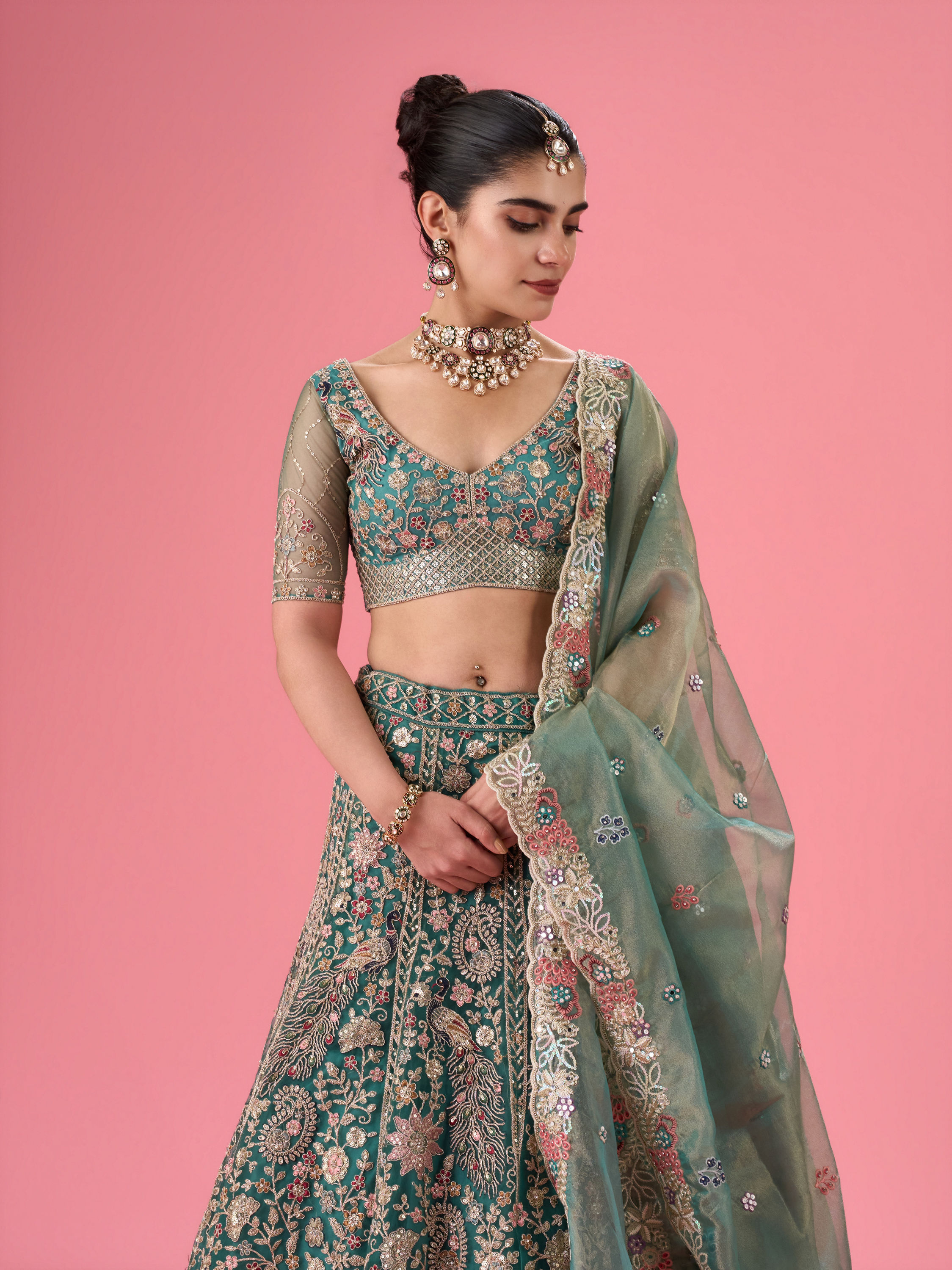 Mohey Women Exquisite Emerald Net Lehenga