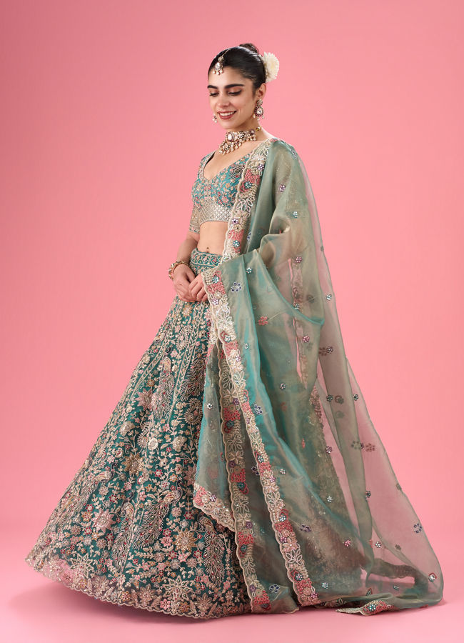 Mohey Women Exquisite Emerald Net Lehenga