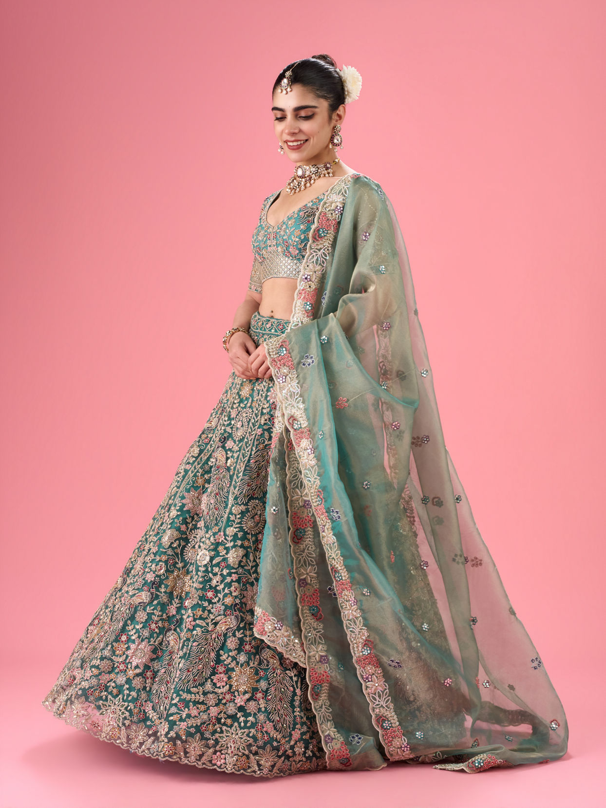 Mohey Women Exquisite Emerald Net Lehenga