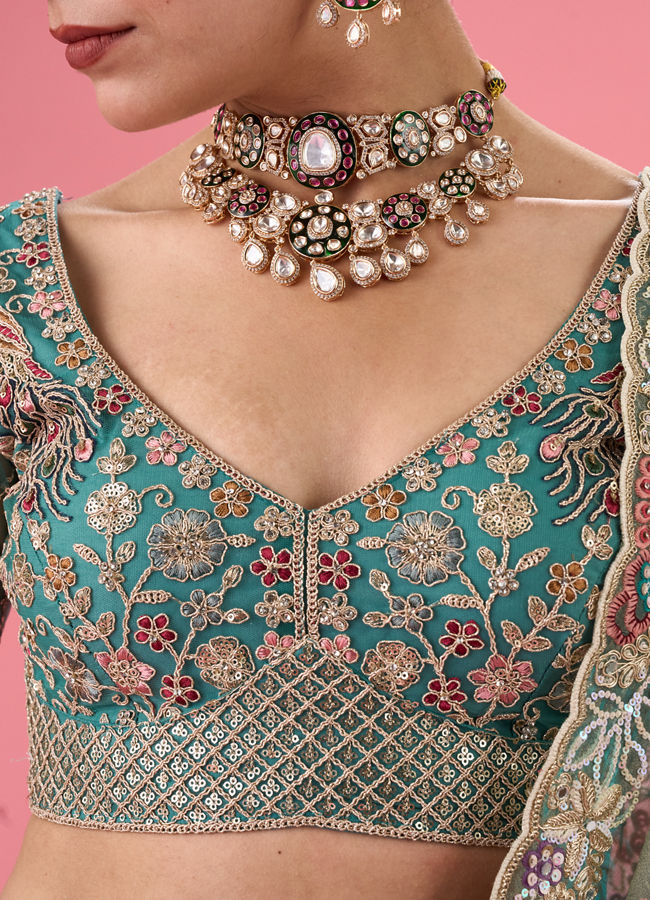 Mohey Women Exquisite Emerald Net Lehenga