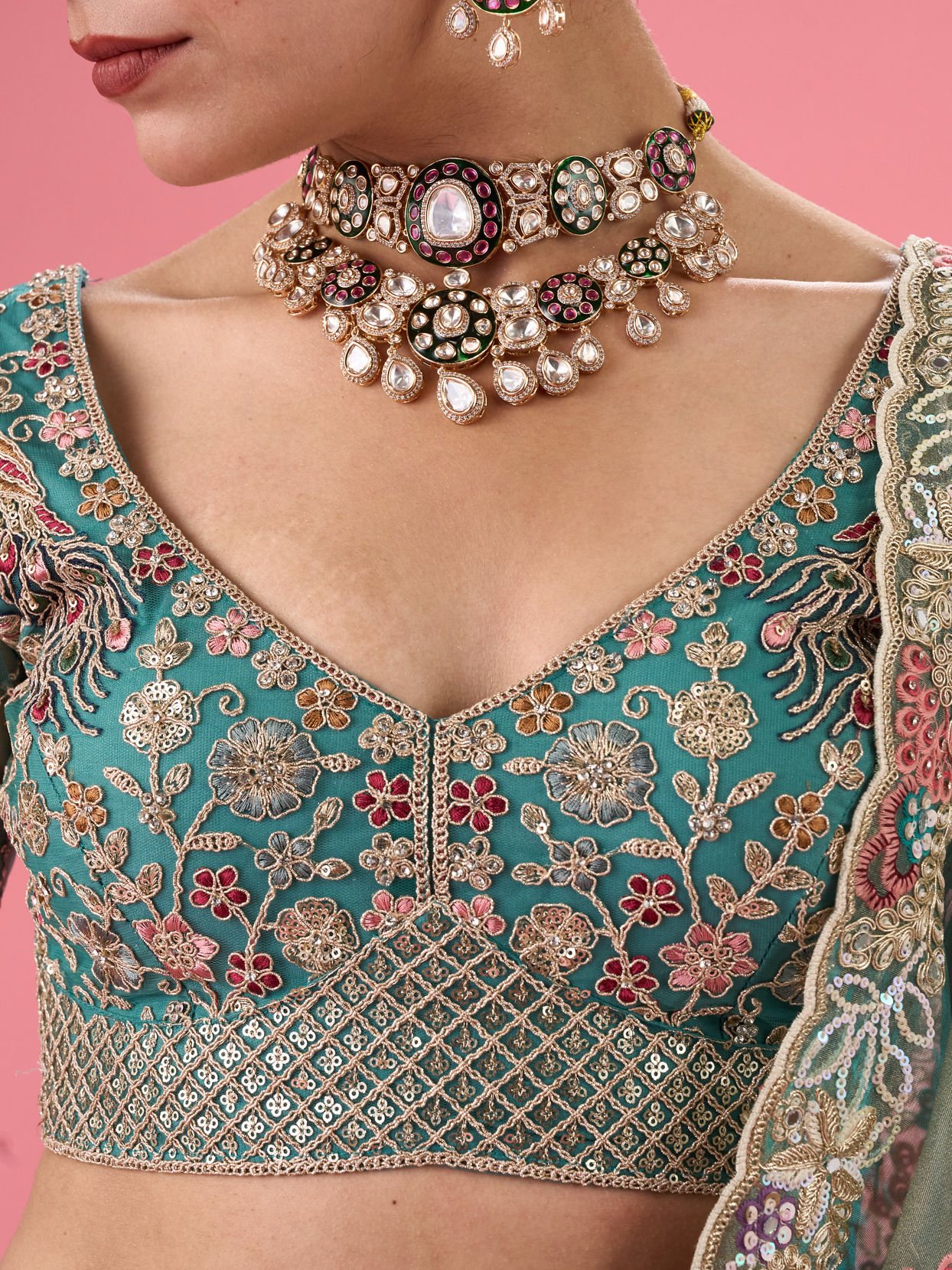 Mohey Women Exquisite Emerald Net Lehenga