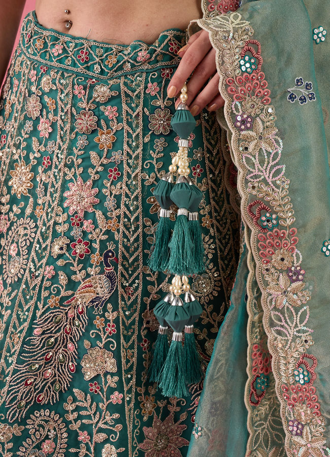 Mohey Women Exquisite Emerald Net Lehenga