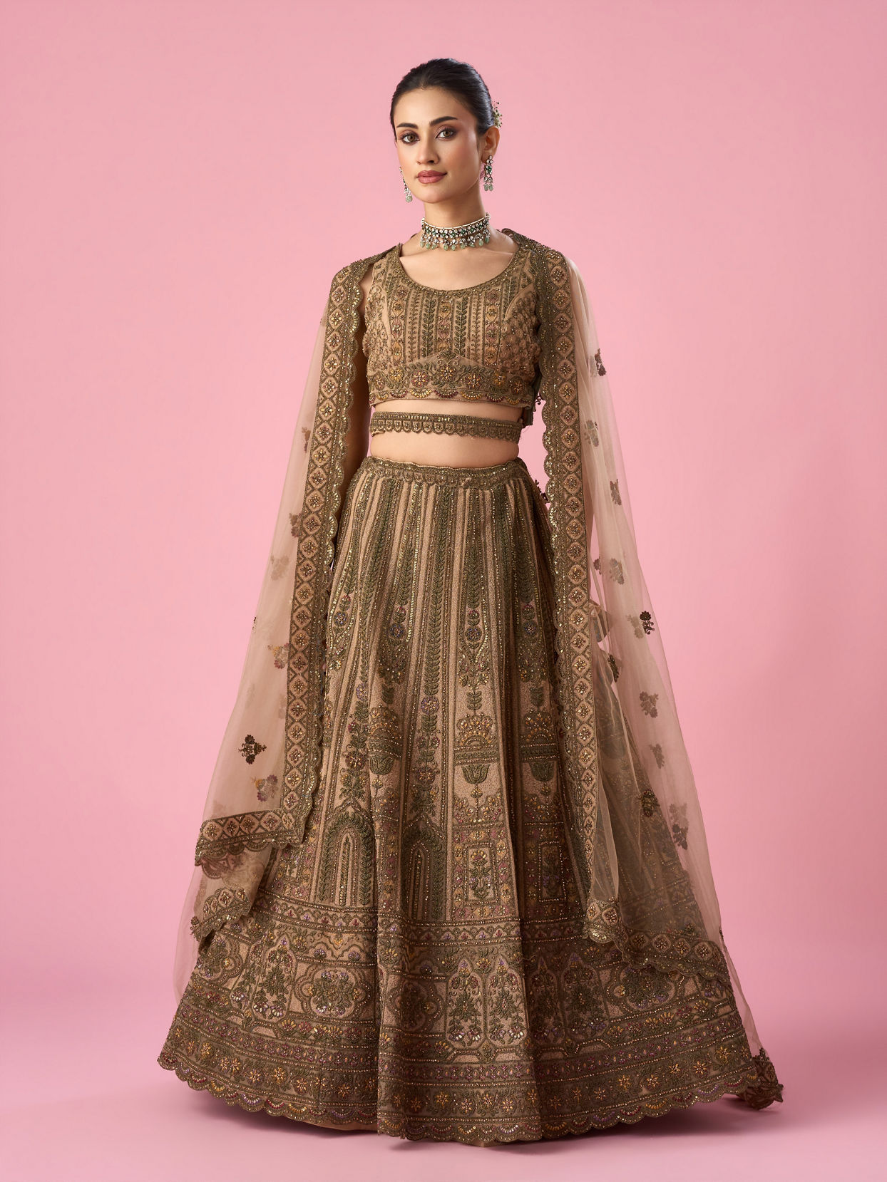Mohey Women Fawn Net Bridal Lehenga with Sequin Work
